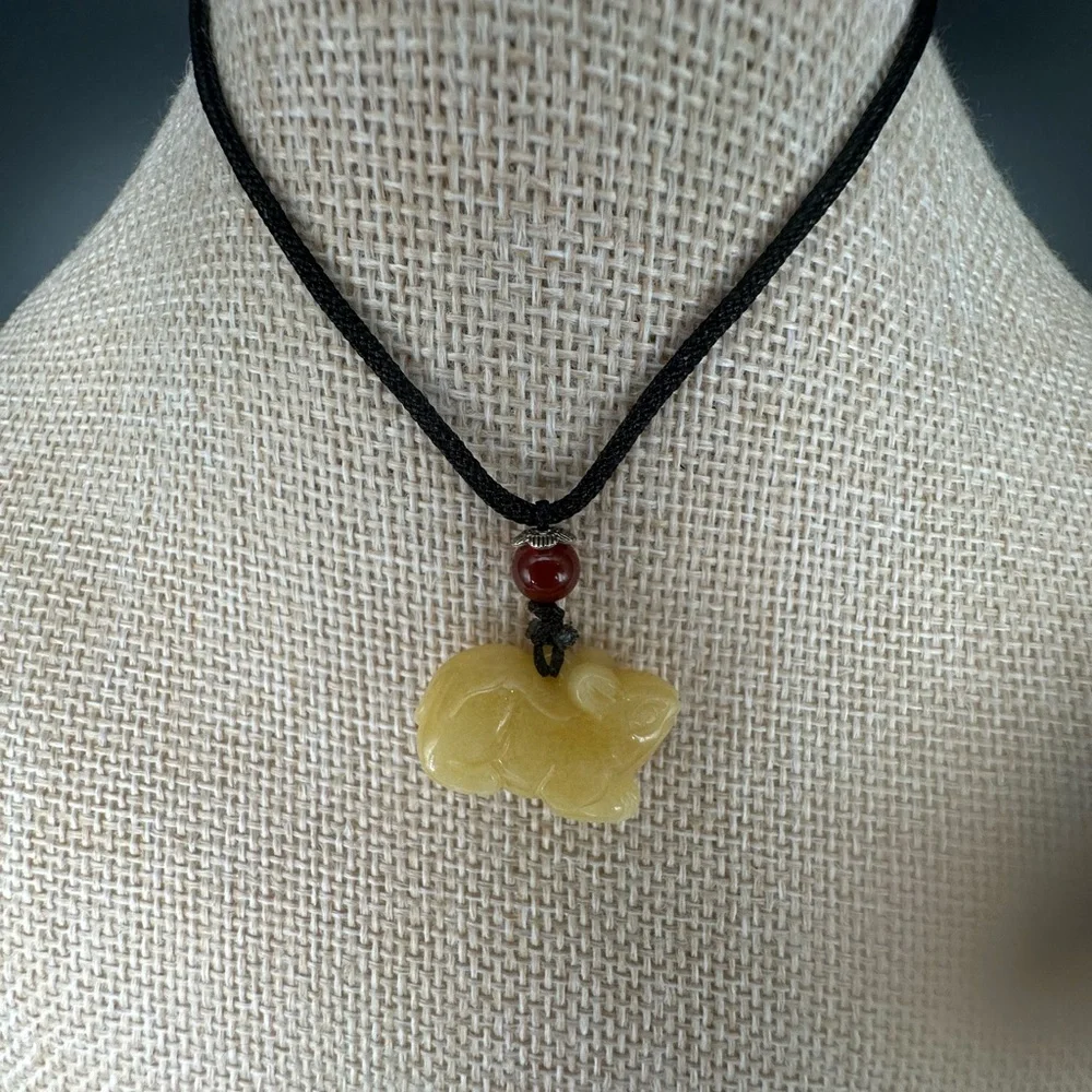 Yellow Jade Rat Carving Pendant Necklace on Black Adjustable Rope - Picture 1 of 16